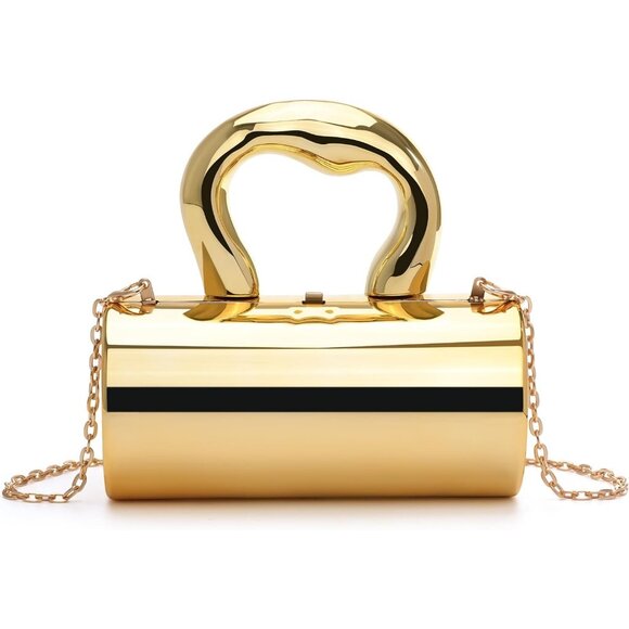 Handbags - Women's Barrel Acrylic Clasp Removable Strap Lift Up Lock Gold Clutch Purse